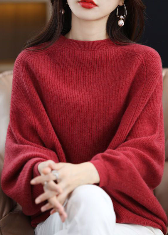 Modern Red O-Neck Oversized Wool Knit Sweater Tops Batwing Sleeve