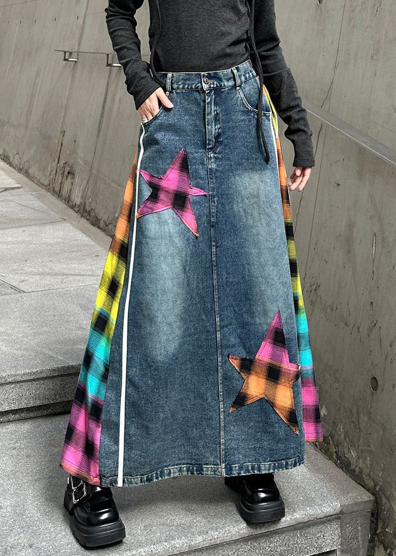 Modern Rose Asymmetrical Elastic Waist Patchwork Denim Skirts