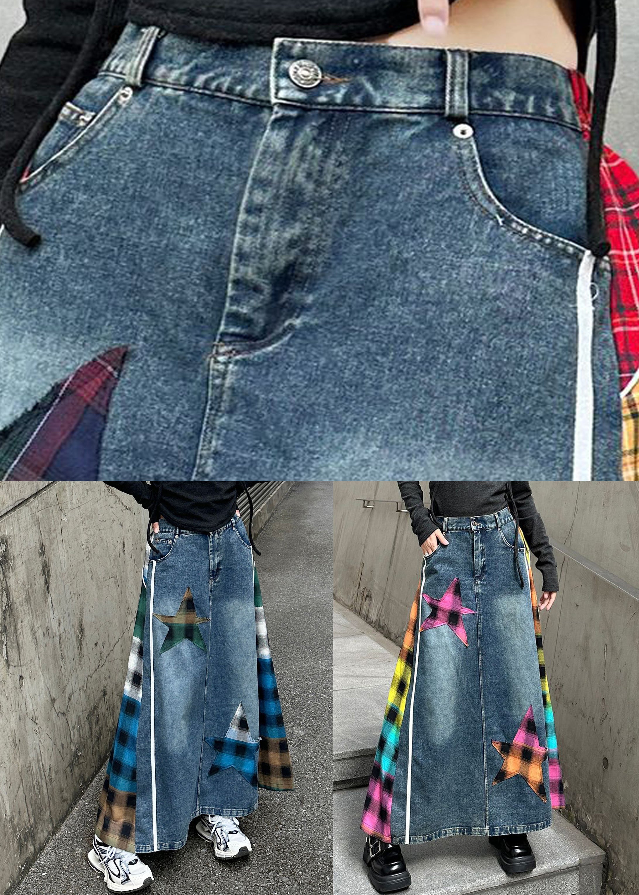 Modern Rose Asymmetrical Elastic Waist Patchwork Denim Skirts