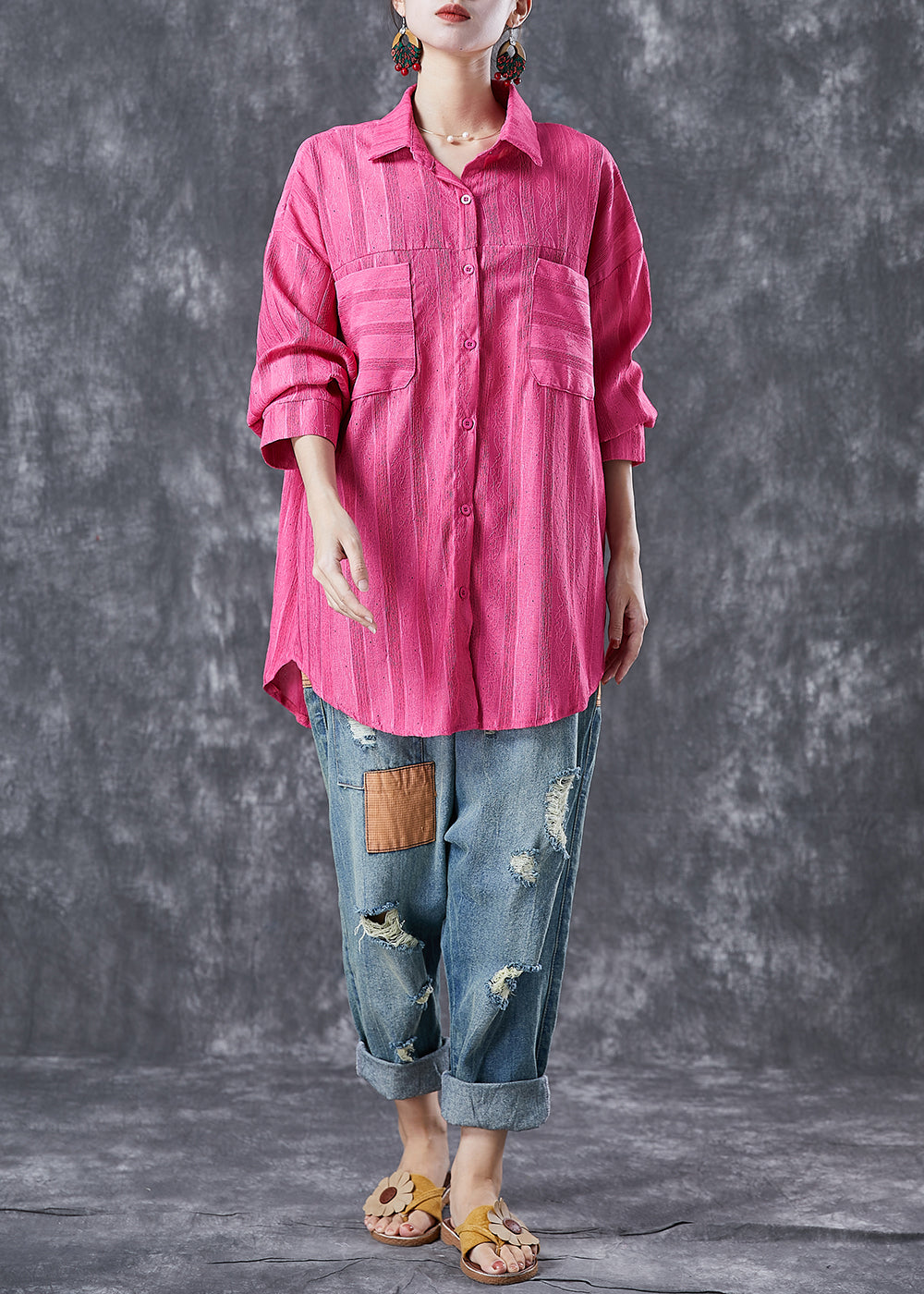 Modern Rose Oversized Striped Cotton Shirt Top Summer