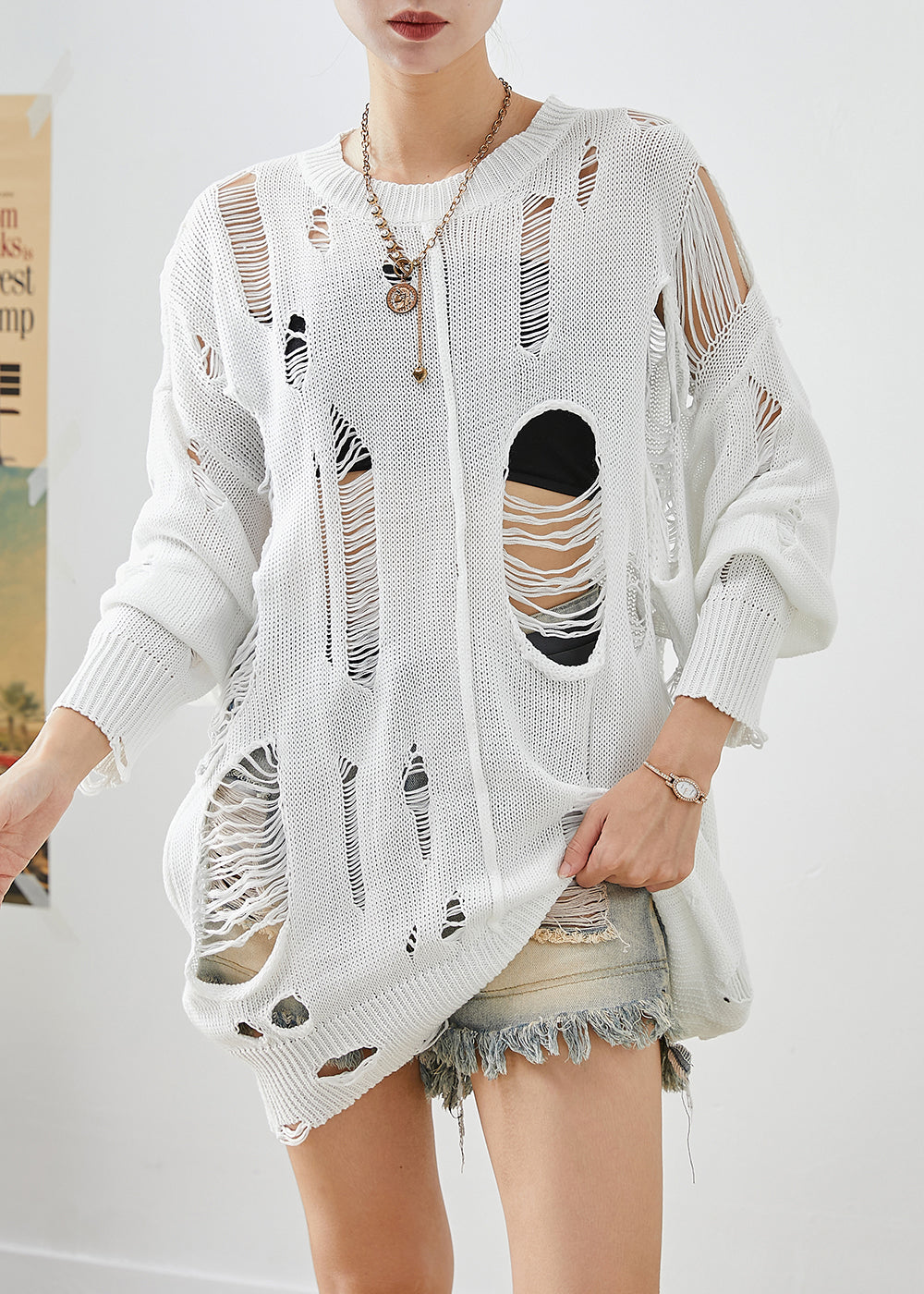 Modern White Hollow Out Knit Ripped Tops Fall