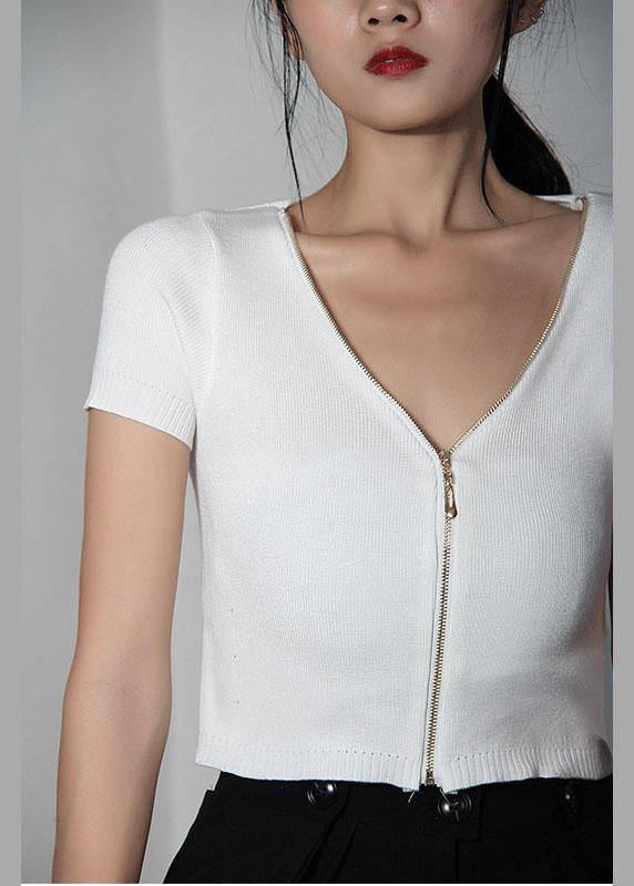 Modern White zippered V Neck Shirt Tops Summer