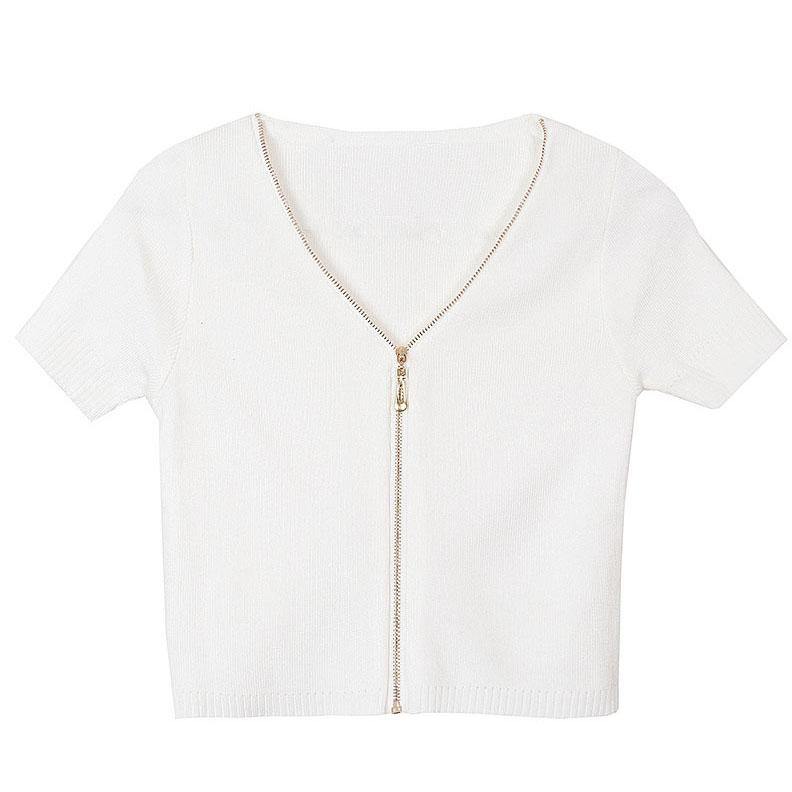 Modern White zippered V Neck Shirt Tops Summer