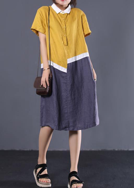 Modern asymmetric patchwork linen clothes Women Neckline yellow POLO collar cotton Dresses summer