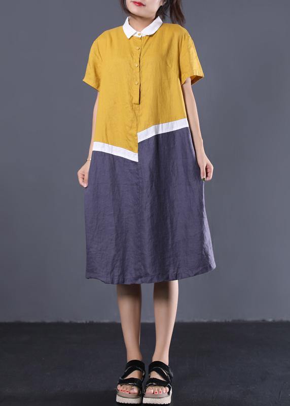 Modern asymmetric patchwork linen clothes Women Neckline yellow POLO collar cotton Dresses summer