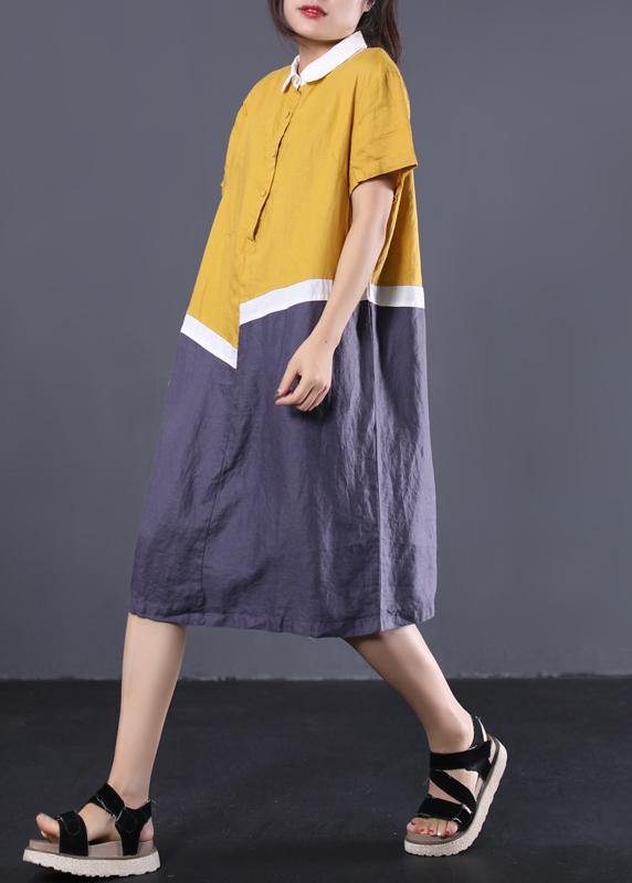 Modern asymmetric patchwork linen clothes Women Neckline yellow POLO collar cotton Dresses summer