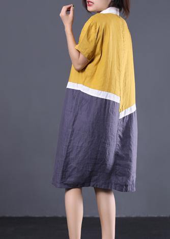 Modern asymmetric patchwork linen clothes Women Neckline yellow POLO collar cotton Dresses summer