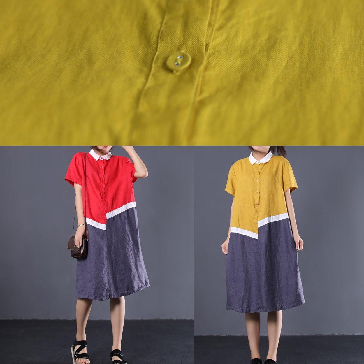 Modern asymmetric patchwork linen clothes Women Neckline yellow POLO collar cotton Dresses summer