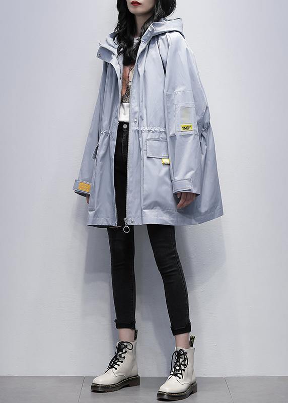 Modern hooded Cinched Plus Size trench coat gray blue coats