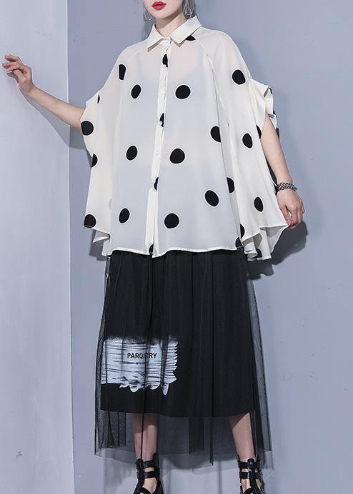 Modern lapel chiffon tops Women Life beige dotted Summer tops