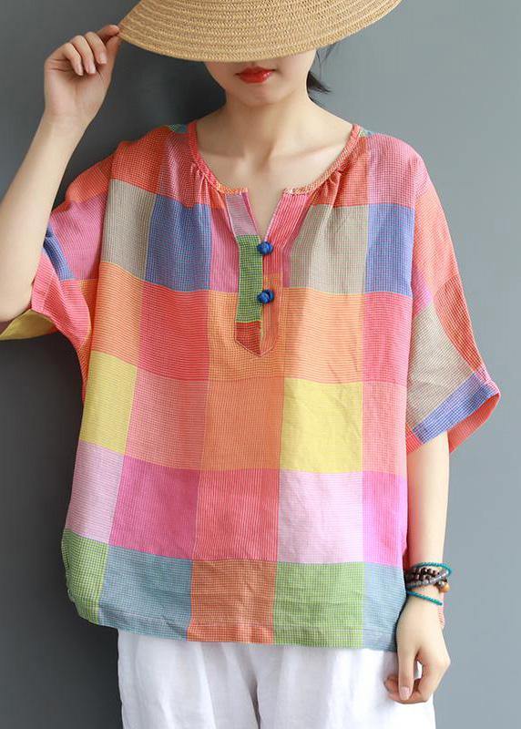 Modern linen Blouse Fashion Sweet Colored Plaid Casual Linen T-Shirt