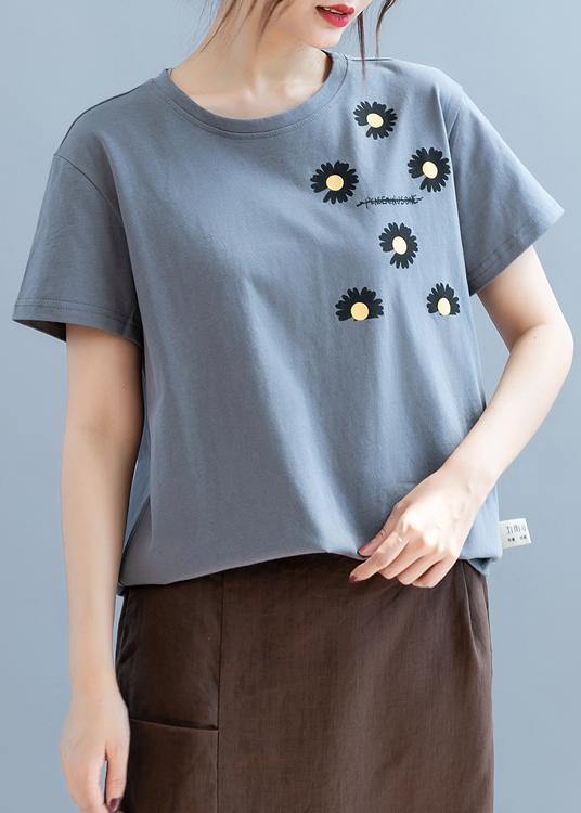 Modern o neck clothes For Women design gray daisy print shirt