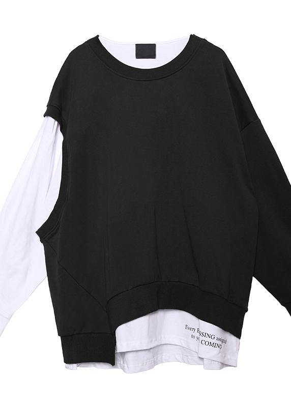 Modern o neck false two pieces cotton clothes pattern black tops