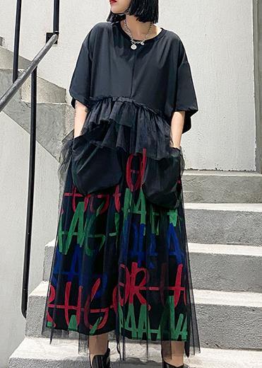 Modern o neck patchwork tulle cotton summer Tunics Inspiration black Maxi Dress