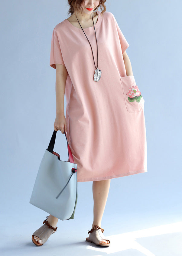 Modern pink Cotton quilting clothes Fashion Ideas pockets loose Summer Dresses