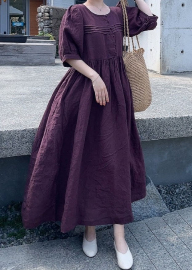 Black Patchwork Linen Dress O Neck Wrinkled Short Sleeve