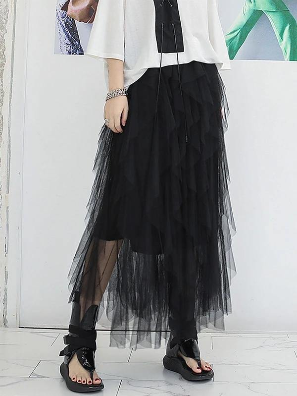 Mu black chiffon skirt Fashion Sewing asymmetric Art Summer skirt