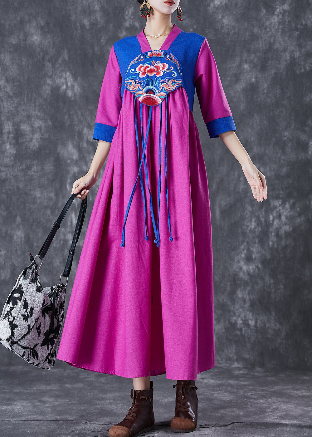 National Style Purple Red Embroideried Patchwork Tasseled Linen Dresses Summer