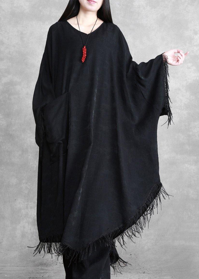 Black Tasseled Silk Linen Cape Dress Caftans Plus Size outfits