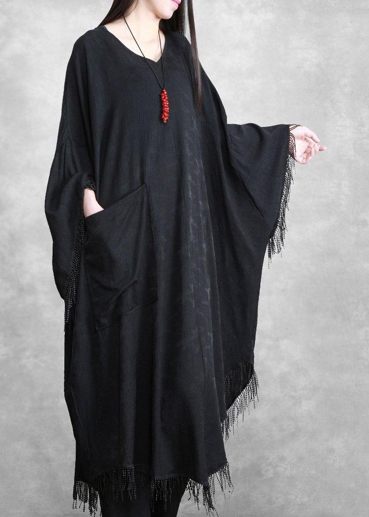 Black Tasseled Silk Linen Cape Dress Caftans Plus Size outfits