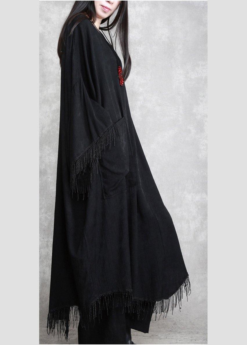 Black Tasseled Silk Linen Cape Dress Caftans Plus Size outfits