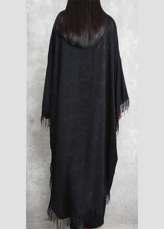 Black Tasseled Silk Linen Cape Dress Caftans Plus Size outfits