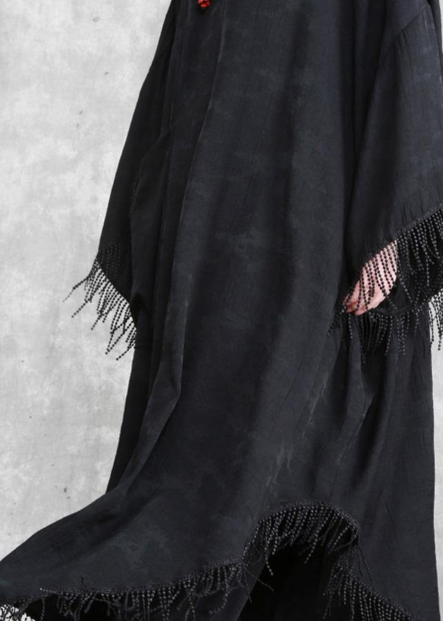 Black Tasseled Silk Linen Cape Dress Caftans Plus Size outfits