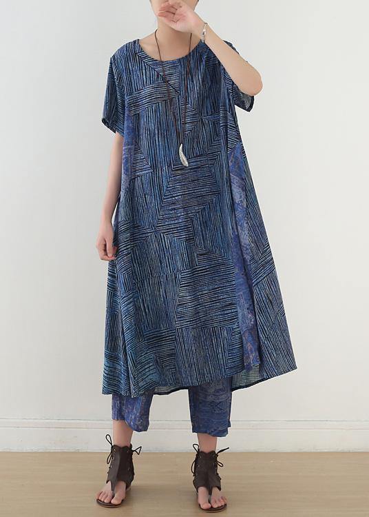 National style blue two-piece dress summer new women's and nine pants wide leg pants