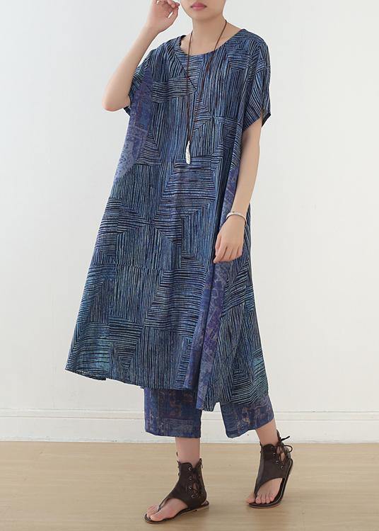 National style blue two-piece dress summer new women's and nine pants wide leg pants