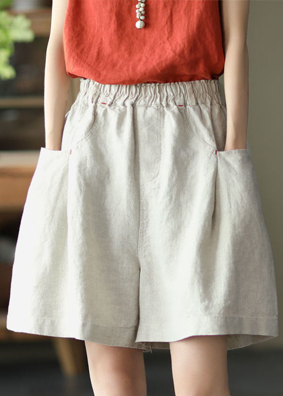 Natural Apricot High Waist Pockets Linen Wide Leg Shorts Summer