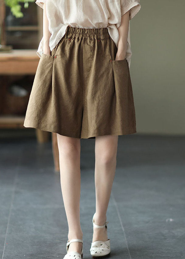 Natural Apricot High Waist Pockets Linen Wide Leg Shorts Summer