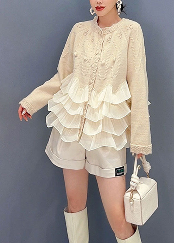 Natural Beige O-Neck Tulle Patchwork Knit Top Long Sleeve