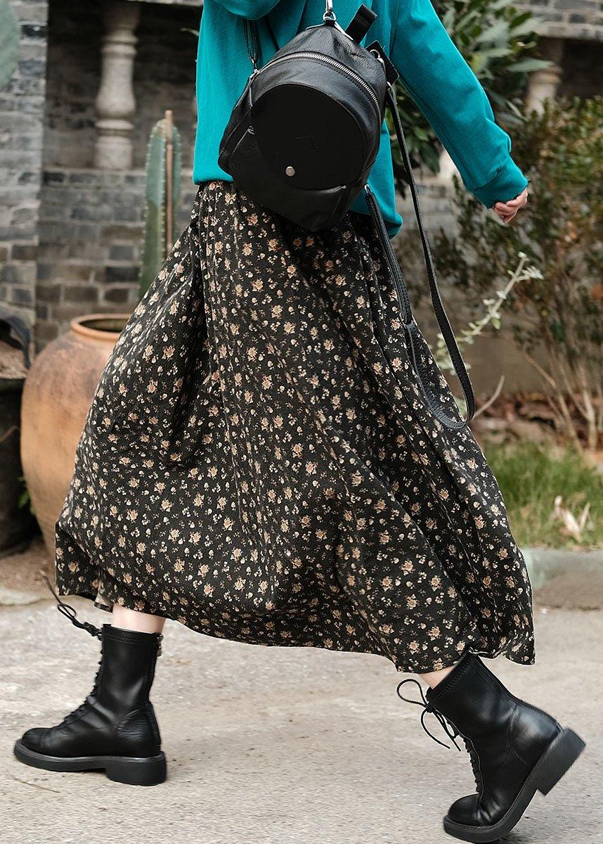 Natural Black Patchwork Print A Line Skirts Cotton Fall