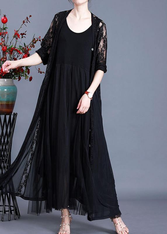 Natural Black Summer Patchwork Lace Long Cardigan