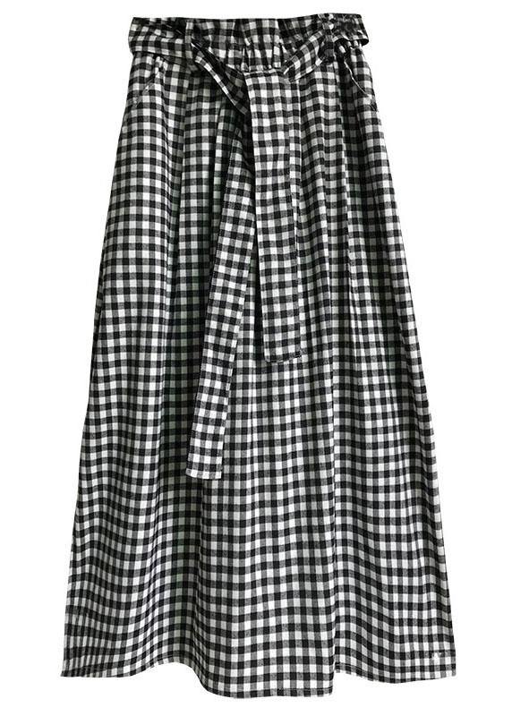 Natural Black White Plaid Bow A Line Summer Skirt Cotton