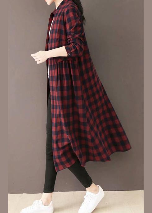 Natural Burgundy Plaid Quilting Dresses Stand Collar Pockets Long Spring Dresses