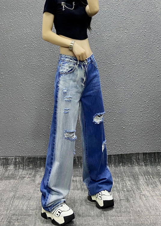 Natural Colorblock Pockets Ripped Denim Straight Pants Spring