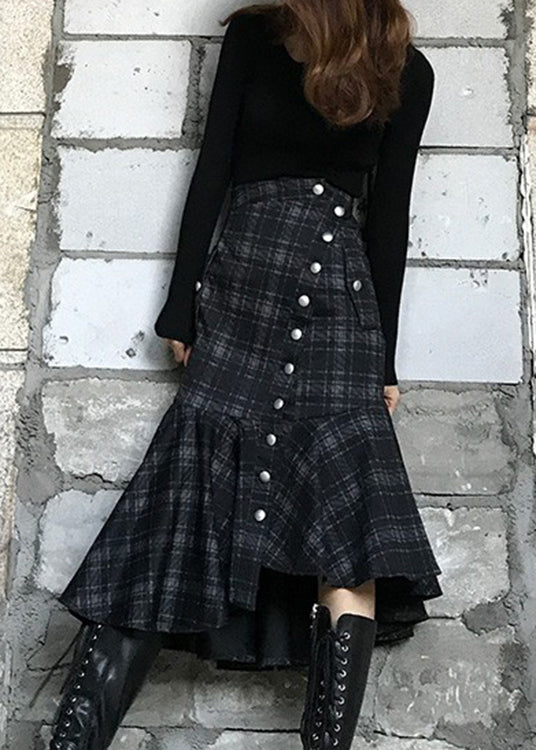 Natural Dark Grey Asymmetrical Plaid Cotton Skirts Spring