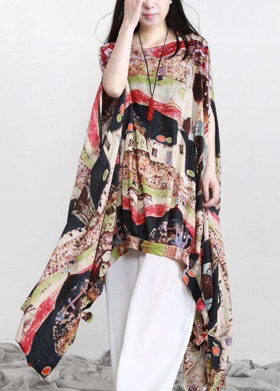 Natural Floral O Neck Asymmetric Cotton Top