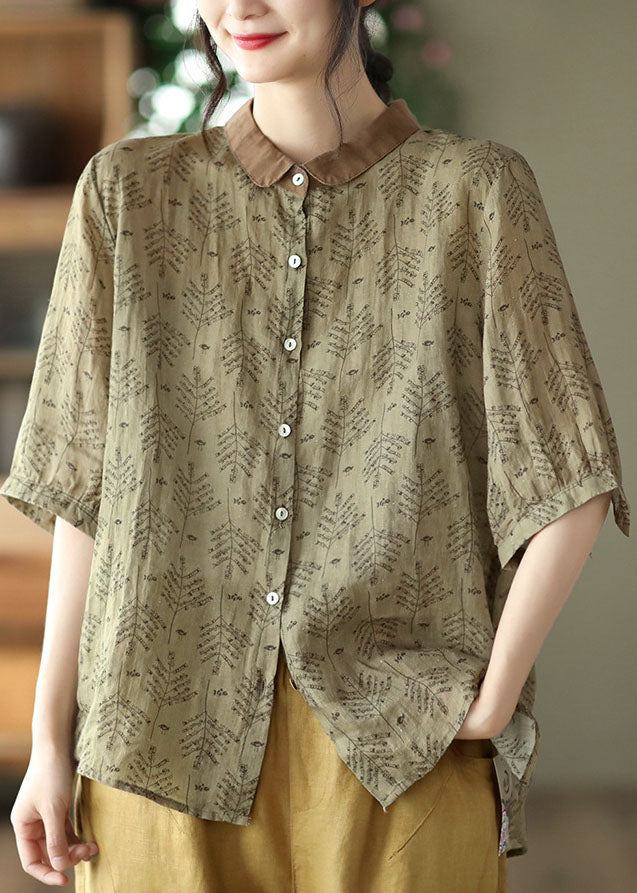 Natural Green Colorblock Print Linen Blouse Tops Half Sleeve