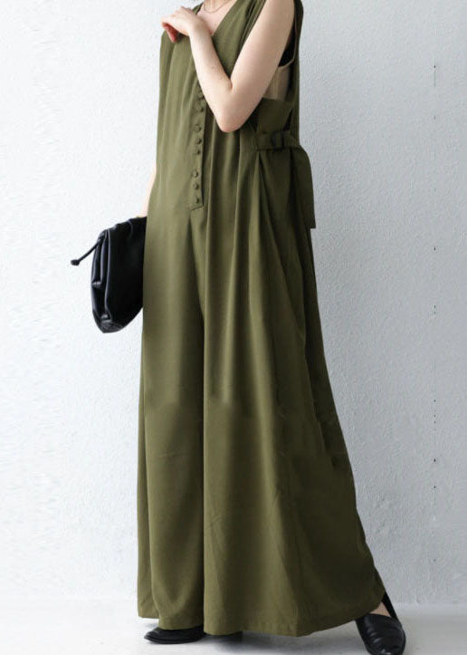 Natural Green V Neck Patchwork Cotton Wide Leg Jumpsuit Spring