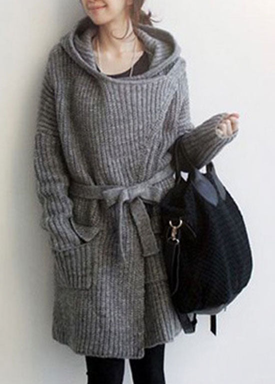 Natural Grey Hooded Pockets Knit Sweater Long Coat Winter