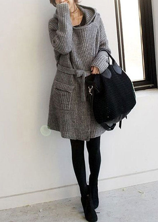 Natural Grey Hooded Pockets Knit Sweater Long Coat Winter