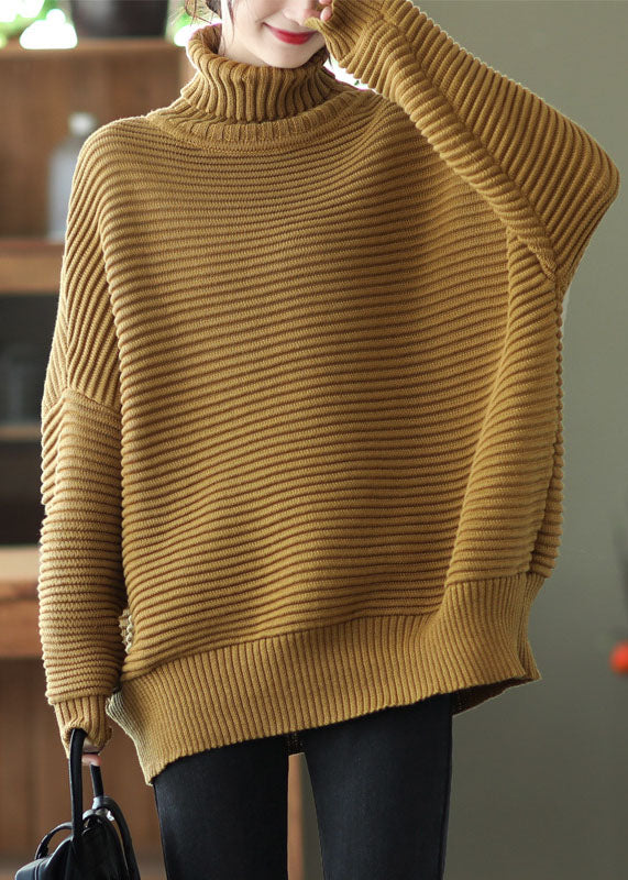 Natural Khaki Turtle Neck Striped Knit Sweater Winter