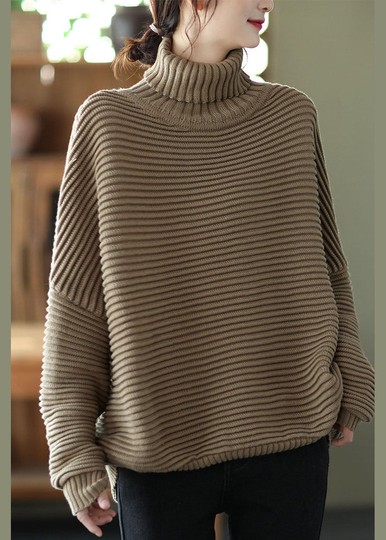 Natural Khaki Turtle Neck Striped Knit Sweater Winter