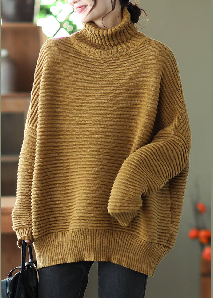 Natural Khaki Turtle Neck Striped Knit Sweater Winter