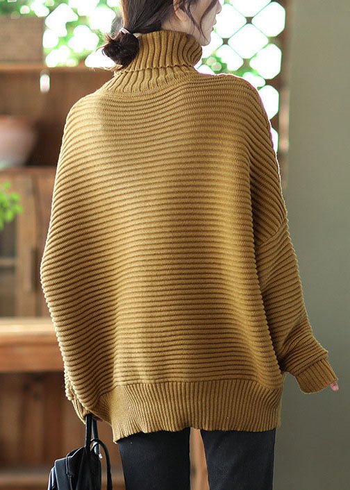 Natural Khaki Turtle Neck Striped Knit Sweater Winter