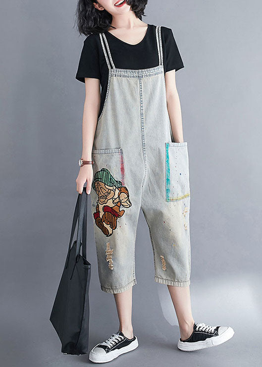 Natural Light Blue Pockets Patchwork Cotton Overalls Jumpsuit Summer