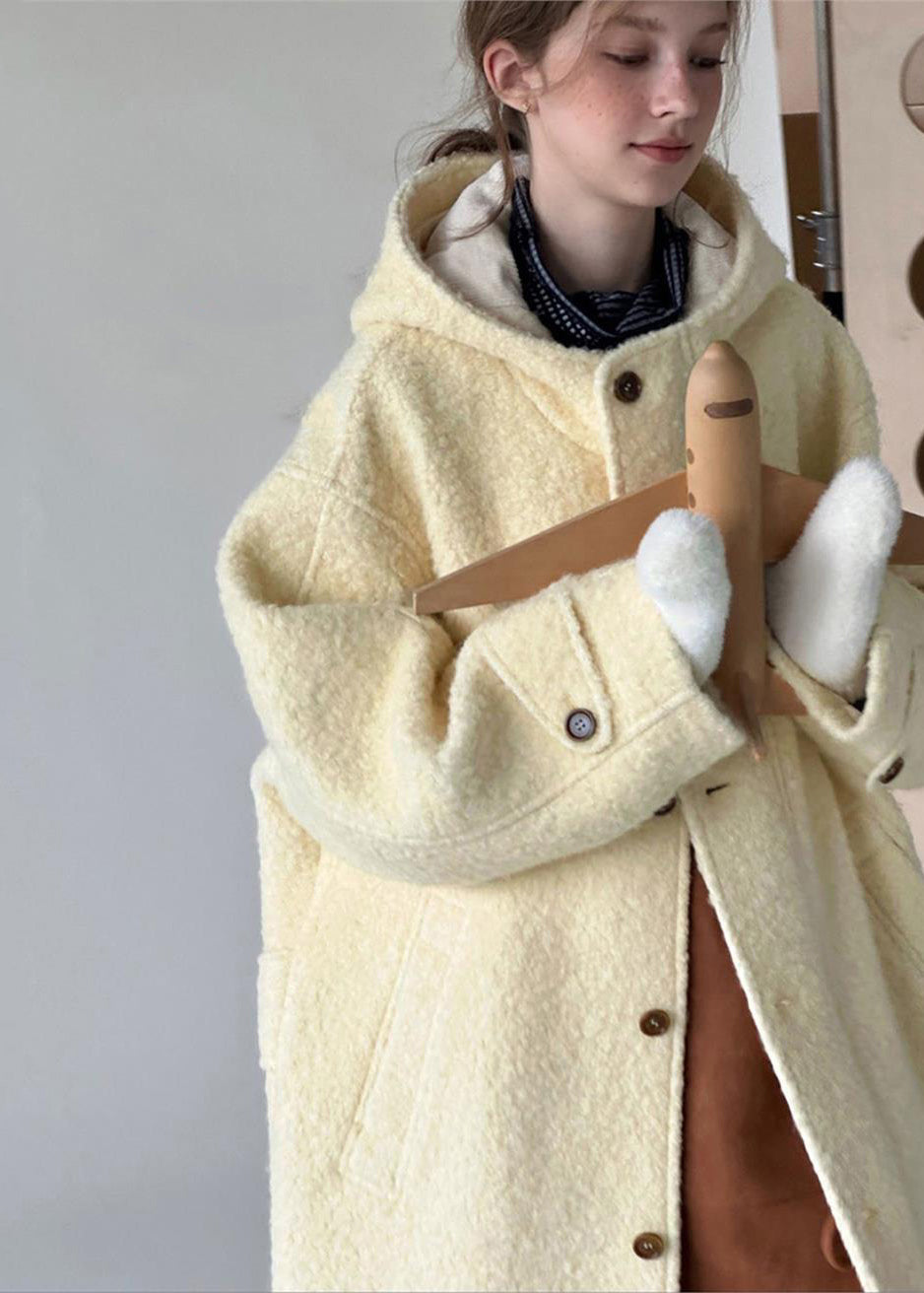 Natural Light Yellow Button Woolen Hoodie Coat Spring