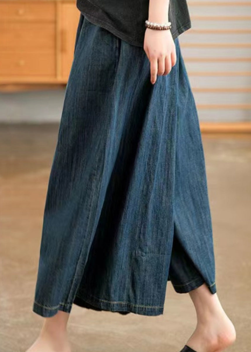 Natural Navy Pockets Elastic Waist Denim Wide Leg Pants Summer